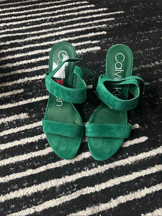 Calvin Klein Shoes - Calvin Klein Emerald Green Suede Strap Block Heels